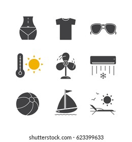 Summer glyph icons set. Vacation silhouette symbols. Woman's body, t-shirt, sunglasses, summer heat, fan, air conditioner, beach ball, sunbed, sailboat. Vector isolated illustration