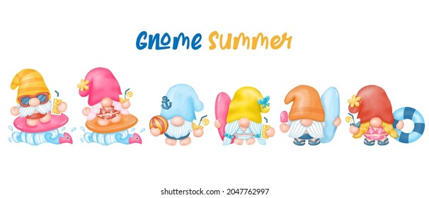 Summer Gnomes Clipart, Beach Gnomes, Watercolor Digital painting