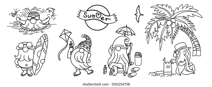Summer gnomes, Drawing of gnomes with many activities for summer, swimming, surf, Kite flying, build a sand pile, and relaxation on a beach chair with elements for summer, vector illustration.