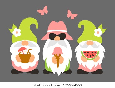 Summer gnomes with ice cream, cocktail, watermelon and sunglasses. Funny vector illustration. Cute scandinavian characters. Gnomes are resting. Dwarf family on vacation.