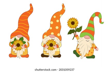 Summer gnomes with sunflower flowers in their hands. Vector illustration
