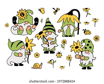 Summer gnomes with sunflower are on white background. Vector illustration set.