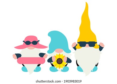 Summer Gnomes with sunglasses, summer flower and swimming ring for swimming pool party design, vacation promo, cute gnomes. Vector illustration, garden gnome characters, funny cartoon art 