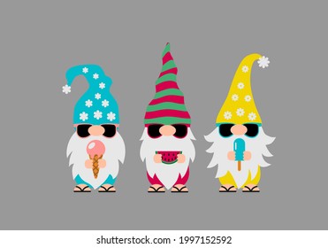 Summer gnomes wearing sunglasses. Cute cartoon characters on vacations. Vector template for banner, poster, greeting card, t-shirt, etc.