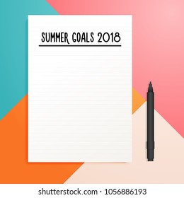 Summer goals 2018 empty list template mockup with copy space. Vector illustration design with copyspace and colorful trendy geometric background. Planner sheet for holidays, traveling, hobbies etc.