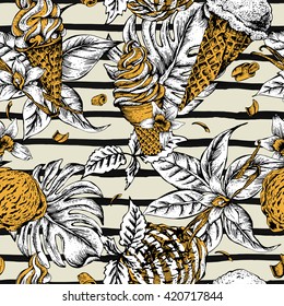 Summer gold fruit ice cream seamless background. Tropical summer colorful flowers orchid and vanilla. Natural vintage vector food illustration on striped background.