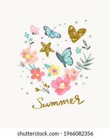 summer gold glitter slogan with colorful flowers and butterflies vector illustration