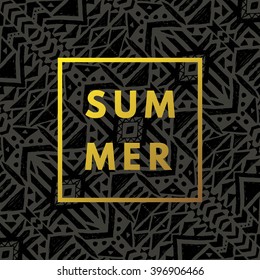 Summer gold hipster boho chic background with aztec tribal mexican texture. Minimal printable journaling card, creative card, art print, minimal label design for banner, poster, flyer.
