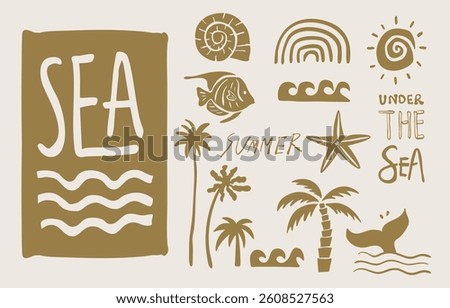 summer gold icon with shell,sea,wave,tree,fish tail for kid design