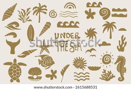 summer gold icon with shell,sea,wave,tree,fish tail for kid design