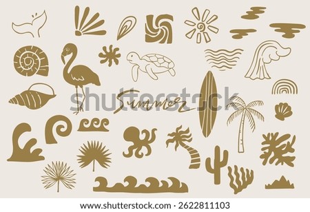 summer gold icon with shell,sea,wave,tree,fish tail for kid design
