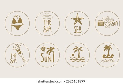 summer gold icon with shell,starfish,coconut tree,beach  for kid design