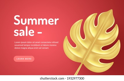 Summer gold sale vector home page banner. Golden tropical monstera leaf and precious metal on red surface. Special marketing offers discounts and retail. Fashionable decor styling to promote sales.