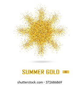 Summer gold vector banner on white background. Gold glitter sun. Gold template for banner, card, vip, exclusive, certificate, gift, luxury, privilege, voucher, store, present, shopping