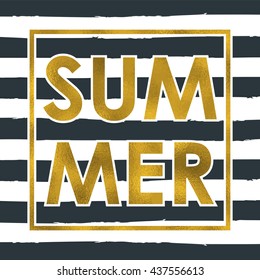 Summer gold vector illustration; dark line on white background and square frame with text - summer; trendy golden texture template for t-shirt, poster, postcard, labels