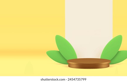 Summer golden 3d podium pedestal with green leaves luxury showcase realistic vector illustration. Premium cylinder advertising display stand wall background mock up for product show presentation