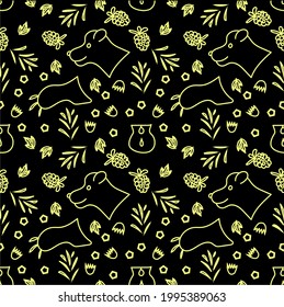 Summer golden pattern of a bear with a paw, a honeycomb, a jug with drops of honey, raspberries, flowers and leaves on a black background.