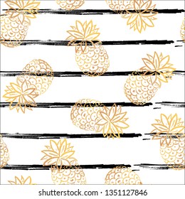 Summer golden pineapples seamless pattern. Tropical decorative fruit icons. Hand draw paint ananases on stripes background. Vector Illustration