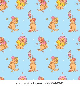 Summer golden retriever seamless pattern beach dog goofy playful whimsical doodle hand drawn background