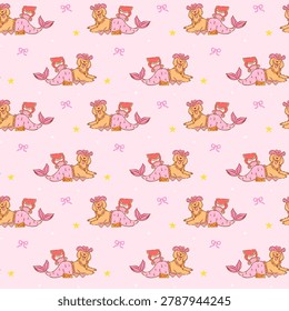 Summer golden retriever seamless pattern mermaid tail goofy playful whimsical doodle hand drawn background