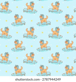 Summer golden retriever seamless pattern surfboard goofy playful whimsical doodle hand drawn background