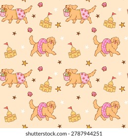 Summer golden retriever seamless pattern beach day goofy playful whimsical doodle hand drawn isolated on background