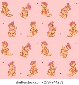 Summer golden retriever seamless pattern in bikini goofy playful whimsical doodle hand drawn background
