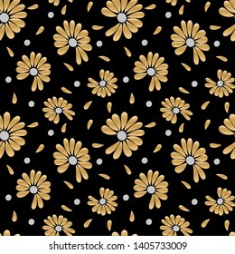 Summer golden seamless pattern. Chamomile flowers for fortune telling, love or not love. Vector drawing in fashionable colors, black background.