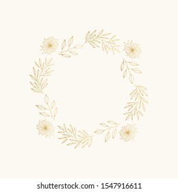 Summer golden wreath with flowers and leaves. Vector isolated illustration.