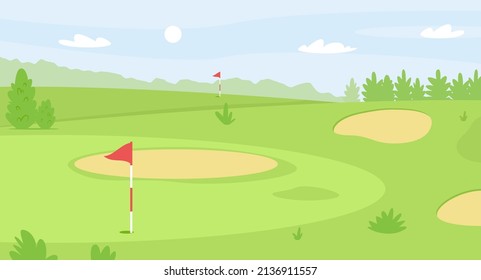 Summer golf course landscape, green grass field for golfing. Red flag and hole, fairway and sand bunkers, golf scene vector illustration. Lawn for outdoor sport and leisure activity