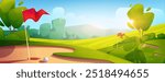 Summer golf field background. Vector cartoon illustration of golfing course on hills with green lawn and trees, bright sun shining in blue sky, red flag and ball near hole, outdoor sports activity