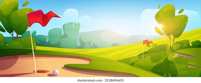 Summer golf field background. Vector cartoon illustration of golfing course on hills with green lawn and trees, bright sun shining in blue sky, red flag and ball near hole, outdoor sports activity