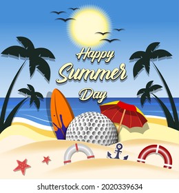 Summer golf poster. Happy summer day. Pattern for design poster, logo, emblem, label, banner, icon. Golf template on isolated background. Vector illustration
