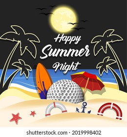 Sommergolfposter. Frohe Sommernacht. Muster für Design-Poster, Logo, Emblem, Label, Banner, Icon. Golf-Vorlage auf isoliertem Hintergrund. Vektorgrafik