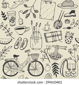 Summer good mood doodles set. Hand draw flowers, bicycle, backpack, food. Illustration, cute background.