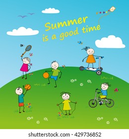 Summer is a good time. Children play. Hand draw cartoon illustration. 
