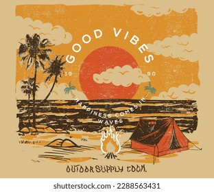 Summer good vibe graphic print design for t shirt print, poster, sticker, background and other uses. Palm tree colorful retro print artwork. surfing beach. Wave riders design. Beach camping.