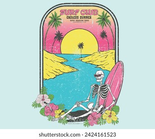 Verano de buenas vibraciones de arte para ropa. vector de ilustración de la playa a lo largo de la palma. Impresión floral de verano. Gran ola. Palmera de playa. Obra artística del club de surf con cráneo. Esqueleto con tabla de surf.