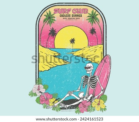 Summer good vibes artwork for apparel. palm long beach illustration vector. Summer flower print. Big wave. Beach palm tree. Skull surfing club artwork. Skeleton with surfing board.