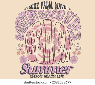 Summer good vibes Beach Paradise Print t shirt graphics design, typography slogan on palm trees background. Summer beach vibes. Beach summer time vintage print design artwork. tie dye t shirt print.