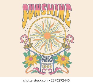 Summer good vibes design. Sunshine sketch graphic print design for t shirt print, poster, sticker, background and other uses. Tropical flower print artwork. sun and moon.