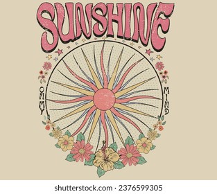 Summer good vibes design. Sunshine sketch graphic print design for t shirt print, poster, sticker, background and other uses. Tropical flower print artwork. 