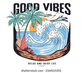 Summer good vibes graphic print design for t shirt print, poster, sticker, background and other uses. Water wave watercolor retro artwork.