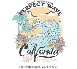 Summer good vibes graphic print design for t shirt print, poster, sticker, background and other uses. cocoa beach retro artwork. Tropical flower. Sunshine. California beach perfect wave.