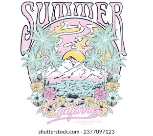 Summer good vibes graphic print design for t shirt print, poster, sticker, background and other uses. California beach perfect wave. Beach vibe retro artwork. Tropical flower. Sunshine.