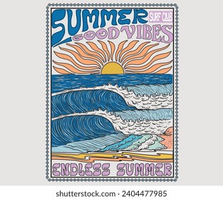 Buenas vibraciones de verano. Largas obras de arte de diseño de impresión de verano en la playa. Paraíso de la playa Imprimir diseño gráfico de camisetas, eslogan tipográfico sobre el fondo de las palmeras. Los albornoces de verano en la playa. Club de surf.