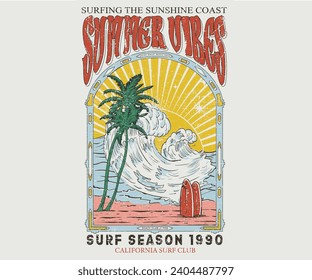 Summer good vibes. Long beach summer time print design artwork. Beach Paradise Print t shirt graphics design, typography slogan on palm trees background. Summer beach vibes. beach club.