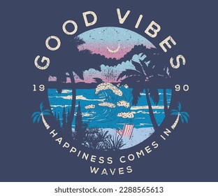 Verano buenos vibraciones Palm Tree con diseño de impresión de playa para camisetas impresas, afiches, pegatinas, fondo y otros usos. La felicidad llega en oleadas.