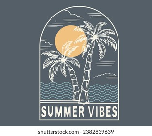 Summer good vibes. Paradise Print t shirt graphics design, typography slogan on palm trees background. Beach vintage print design artwork.