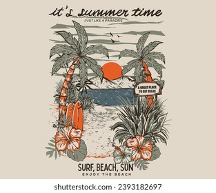 Buenas vibraciones de verano. Paraíso Imprimir diseño gráfico de camisetas, eslogan tipográfico sobre el fondo de las palmeras. Obra de arte de diseño de impresión vintage en la playa.